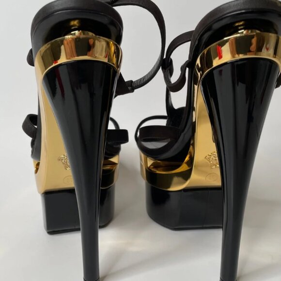Versace Black & Gold Medusa Triple Platform Swarovski Crystals Sandals Heels - Picture 9 of 13